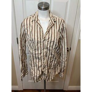 Frank & Eileen Barry Crinkle Cream, Tan & Black Striped Button-Up Shirt, Size XL